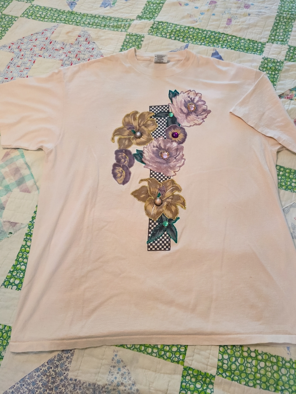 Vintage Hand Painted Jeweled Floral Cottagecore Tee